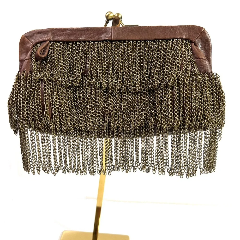 Monserat De Lucca Chain Fringe Leather Clutch Brown - Picture 1 of 11